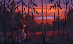 Size: 2429x1474 | Tagged: safe, artist:koviry, imported from derpibooru, oc, oc only, oc:vird-gi, pony, unicorn, braid, braided tail, clothes, commission, female, forest, grass, lake, mare, raised hoof, robe, scenery, scenery porn, smiling, solo, sunset, tree, underhoof, ych result