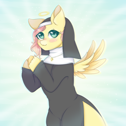 Size: 1000x1000 | Tagged: safe, artist:saltyvity, imported from derpibooru, fluttershy, pegasus, pony, angel, bipedal, blush sticker, blushing, colored hooves, cross, cross necklace, eyelashes, flutternun, green eyes, habit, halo, innocent, jewelry, looking at you, necklace, pink hair, praying, side slit, spread wings, thighs, wide hips, wings, yellow coat