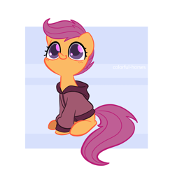 Size: 2500x2500 | Tagged: safe, artist:syrupyyy, artist:watchoutoprah, imported from derpibooru, scootaloo, pegasus, pony, clothes, colored pupils, cute, cutealoo, female, filly, hoodie, looking up, simple background, sitting, smiling, solo