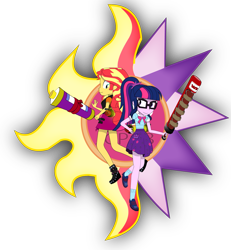 Size: 1527x1654 | Tagged: safe, artist:jcpreactyt, imported from derpibooru, sci-twi, sunset shimmer, twilight sparkle, equestria girls, clothes, cutie mark, duo, duo female, energy weapon, female, gages, lesbian, meter, relationship, school uniform, scitwishimmer, shipping, shirt, shoes, simple background, skirt, sparkles, sunlight, sunsetsparkle, together forever, transparent background, weapon