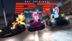 Size: 3000x1710 | Tagged: safe, artist:musical ray, imported from derpibooru, applejack, pinkie pie, rainbow dash, earth pony, pegasus, pony, car, dodge charger, muscle car, need for speed, night, nissan gt-r, porsche 911, the grand tour
