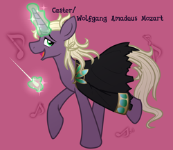 Size: 2200x1900 | Tagged: safe, artist:geraritydevillefort, imported from derpibooru, pony, unicorn, aura, baton, clothes, coat, conductor's baton, eyebrows, fate/grand order, glow, glowing, glowing horn, green eyes, horn, looking at you, magic, mane, music notes, open mouth, ponified, simple background, solo, tail, text, wolfgang amadeus mozart