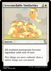 Size: 375x523 | Tagged: safe, edit, imported from derpibooru, applejack, a canterlot wedding, applejack's hat, cannonball, ccg, cowboy hat, disguise, disguised changeling, dust cloud, hat, magic the gathering, pile, pony pile, trading card, trading card edit