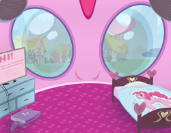 Size: 3210x2510 | Tagged: artist needed, source needed, safe, imported from derpibooru, pinkie pie, bed, breaking the fourth wall, console, eye, eyes, fourth wall, head, indoors, inside, inside head, offscreen character, ponyville, pov, television, video game