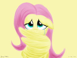 Size: 2400x1800 | Tagged: safe, artist:rockhoppr3, imported from derpibooru, fluttershy, pegasus, pony, anxious, covering, crying, floppy ears, front view, full face view, hug, looking at you, looking up, sad, self winghug, self-hugging, simple background, solo, teary eyes, wing covering, winghug, wings, yellow background