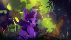 Size: 1920x1080 | Tagged: safe, artist:hierozaki, imported from derpibooru, twilight sparkle, pony, unicorn, forest, leaves, solo, unicorn twilight