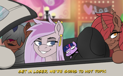 Size: 3000x1850 | Tagged: safe, artist:ezralight, imported from derpibooru, twilight sparkle, oc, oc:cornelia zante vandelia, oc:kaumaha ekahi, oc:nada phase, kirin, unicorn, car, ear piercing, earring, female, goth, hot topic, jewelry, mare, meme, piercing, squatpony, twiggie