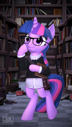 Size: 1080x1920 | Tagged: safe, artist:owlpirate, imported from derpibooru, twilight sparkle, pony, unicorn, 3d, bipedal, book, clothes, glasses, holding a book, hoof hold, library, meganekko, nerd, nerd pony, purse, sfm pony, solo, source filmmaker, unicorn twilight