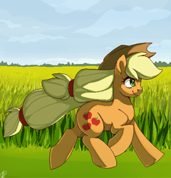 Size: 448x467 | Tagged: safe, artist:tigra0118, imported from derpibooru, applejack, earth pony, pony, applejack's hat, cowboy hat, female, field, grass, hat, mare, my little pony, pixel art, raised hoof, raised leg, running, solo