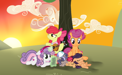 Size: 5192x3208 | Tagged: safe, artist:whiteplumage233, imported from derpibooru, apple bloom, scootaloo, sweetie belle, oc, pony, growing up is hard to do, the last problem, cutie mark crusaders, female, filly, glowing horn, guitar, horn, magic, magic aura, musical instrument, older, older apple bloom, older cmc, older scootaloo, older sweetie belle, sleeping, sunset, tree