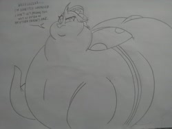 Size: 2592x1944 | Tagged: safe, artist:princebluemoon3, imported from derpibooru, ocellus, changeling, belly, big belly, bingo wings, bugbutt, butt, chunkling, double chin, fat, female, grayscale, huge belly, huge butt, impossibly large belly, impossibly large butt, large butt, monochrome, morbidly obese, obese, ocellass, ocellulite, ocellus is not amused, sketch, solo, traditional art, unamused