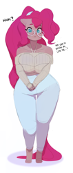 Size: 2000x4736 | Tagged: safe, artist:smewed, imported from derpibooru, pinkie pie, anthro, earth pony, alternate hairstyle, bare shoulders, big breasts, big hair, boob squish, breast squish, breasts, busty pinkie pie, clothes, dialogue, female, floppy ears, glasses, huge breasts, off the shoulder, pinkamena diane pie, plump, shoulderless, simple background, solo, standing, sweater, wide hips