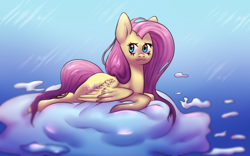 Size: 3200x2000 | Tagged: safe, artist:0blackster, artist:ranillopa, imported from derpibooru, fluttershy, pegasus, pony, cloud, female, looking sideways, lying down, mare, on a cloud, prone, solo, spread wings, wings