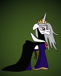 Size: 1280x1592 | Tagged: safe, artist:platinumdrop, imported from derpibooru, princess celestia, alicorn, pony, cloak, clothes, cosplay, costume, crossover, crown, disney, dress, elderly, evil queen, floppy ears, gradient background, grey hair, hag, jewelry, older, regalia, simple background, snow white and the seven dwarfs, solo, transformation, wrinkles