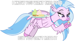 Size: 1280x703 | Tagged: safe, artist:frownfactory, edit, imported from derpibooru, silverstream, classical hippogriff, hippogriff, she's all yak, caption, chips, cupcake, eating, food, image macro, jewelry, looking down, meme, necklace, omnivore, plate, simple background, smiling, smirk, solo, teasing, teasing you, text, transparent background