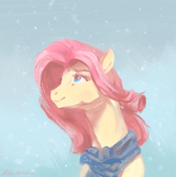 Size: 1594x1598 | Tagged: safe, artist:malinetourmaline, imported from derpibooru, fluttershy, pegasus, pony, bust, clothes, female, looking away, looking up, mare, portrait, scarf, smiling, snow, snowfall, solo, winter