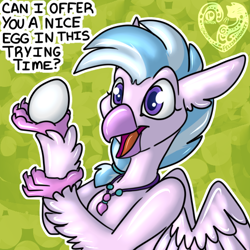 Size: 512x512 | Tagged: safe, artist:felisrandomis, imported from derpibooru, silverstream, hippogriff, bronybait, danny devito, egg, female, it's always sunny in philadelphia, national egg day, shiny, solo, talons, text, wings