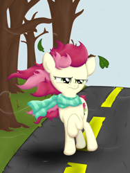 Size: 3024x4032 | Tagged: safe, artist:background basset, derpibooru exclusive, imported from derpibooru, roseluck, earth pony, pony, annoyed, clothes, female, leaves, mare, sad, scarf, solo, tree, wind