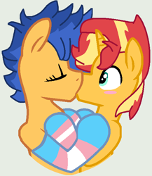 Size: 531x611 | Tagged: safe, artist:box-of-ideas, artist:jadeharmony, artist:jadethepegasus, imported from derpibooru, flash sentry, sunset shimmer, pegasus, pony, unicorn, alternate hairstyle, base used, blushing, clothes, eyes closed, female, flare warden, flareglare, flashimmer, french kiss, gray background, hug, kissing, male, mare, pride, pride flag, raised hoof, rule 63, shipping, simple background, socks, stallion, straight, striped socks, sunset glare, trans boy, trans female, trans girl, trans male, transgender, transgender pride flag