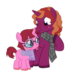 Size: 2000x2000 | Tagged: safe, artist:ponykittenboi, imported from derpibooru, oc, oc only, oc:roaring maw, oc:rose petal, pony, unicorn, derpibooru community collaboration, 2021, 2021 community collab, clothes, father and child, father and daughter, female, filly, glasses, high res, male, round glasses, scarf, show accurate, simple background, size difference, stallion, tongue out, transparent background, unshorn fetlocks