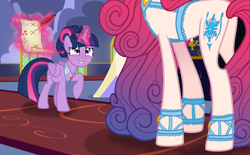 Size: 2880x1786 | Tagged: safe, artist:gallantserver, imported from derpibooru, princess amore, twilight sparkle, alicorn, pony, fanfic:return of amore, alternate universe, amorebutt, butt, cutie mark, description is relevant, fanfic, fanfic art, female, glowing horn, horn, levitation, magic, magic aura, mare, plot, quill, scroll, smiling, telekinesis, twilight sparkle (alicorn)