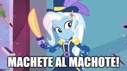 Size: 667x375 | Tagged: safe, edit, edited screencap, imported from derpibooru, screencap, trixie, equestria girls, equestria girls series, street magic with trixie, spoiler:eqg series (season 2), caption, female, image macro, magician outfit, smiling, solo, spanish, text