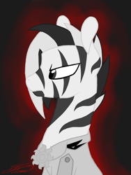 Size: 3000x4000 | Tagged: safe, artist:crystalcontemplator, imported from derpibooru, oc, oc only, pony, zebra, bust, clothes, signature, solo, zebra oc