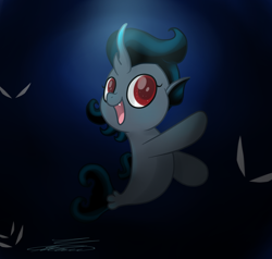 Size: 2900x2758 | Tagged: safe, artist:crystalcontemplator, imported from derpibooru, oc, oc only, seapony (g4), :d, glowing horn, horn, open mouth, signature, smiling, solo, underwater