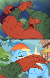 Size: 2000x3108 | Tagged: safe, edit, edited screencap, imported from derpibooru, screencap, lord tirek, rainbow dash, centaur, pegasus, pony, rescue at midnight castle, the mysterious mare do well, abuse, bag, caption, claws, dashabuse, exploitable meme, eyes closed, fangs, female, g1, g1 to g4, generation leap, go to sleep wind rider, horns, image macro, male, mare, meme, rainbow of darkness, slap, spit, text, tirac, tirac slap, tirek (g1)