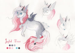 Size: 2000x1427 | Tagged: safe, artist:lady-limule, imported from derpibooru, oc, oc:joyful muse, hybrid, original species, pony, bust, female, horns, interspecies offspring, offspring, parent:oc:curtain call, parent:oc:haywire, parents:oc x oc, rearing, reference sheet, story included, traditional art, wings