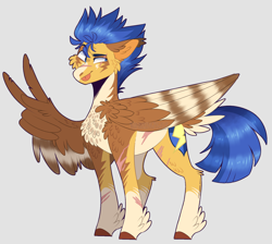 Size: 1570x1407 | Tagged: safe, artist:wanderingpegasus, imported from derpibooru, flash sentry, bird, falcon, pegasus, pony, :p, alternate hairstyle, chest fluff, coat markings, ear fluff, freckles, gray background, leg fluff, male, markings, multicolored coat, pale belly, peace sign, redesign, scar, simple background, socks (coat marking), socks (coat markings), solo, stallion, tongue out, unshorn fetlocks, wing hands, wings