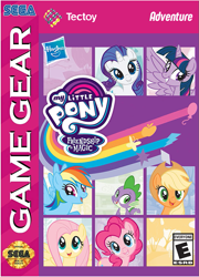 Size: 719x997 | Tagged: safe, edit, imported from derpibooru, applejack, fluttershy, pinkie pie, rainbow dash, rarity, spike, twilight sparkle, alicorn, cover, esrb, game cover, happy birthday mlp:fim, mane six, mlp fim's tenth anniversary, sega, sega game gear, stock vector, tectoy, twilight sparkle (alicorn)