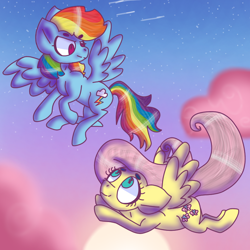 Size: 768x768 | Tagged: safe, artist:donidyde, imported from derpibooru, fluttershy, rainbow dash, pegasus, pony, background, cloud, duo, duo female, female, flying, looking at each other, mare, no pupils, sky, spread wings, stars, sun, sunset, wings