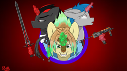 Size: 2560x1440 | Tagged: safe, artist:supershadow_th, imported from derpibooru, oc, oc only, oc:dark nidus, oc:lifi, oc:midnight ponywka, oc:ponywka, oc:supershadow th, kirin, pony, circle, green eyes, magic, mp7, red eyes, sword, trio, wallpaper, weapon, whip