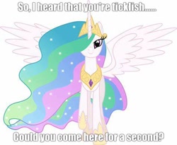 Size: 474x389 | Tagged: safe, imported from derpibooru, princess celestia, alicorn, bronybait, caption, imminent tickles, looking at you, meme, raised hoof, smiling, spread wings, text, this will end in tickles, uh oh, wings