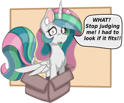 Size: 2000x1666 | Tagged: safe, artist:cuddlelamb, imported from derpibooru, princess celestia, alicorn, pony, behaving like a cat, box, chest fluff, cute, cutelestia, dialogue, ear fluff, embarrassed, female, fluffy, if i fits i sits, looking at you, mare, nose fluff, open mouth, pony in a box, shoulder fluff, simple background, solo, speech bubble, tail fluff, talking to viewer, wide eyes, wing fluff