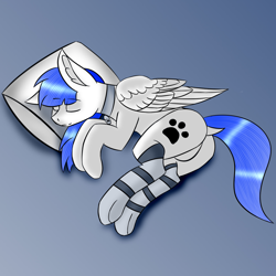 Size: 1580x1580 | Tagged: safe, alternate version, artist:astaroth, artist:thejustastaroth, imported from derpibooru, oc, oc:snow pup, pegasus, pony, butt, clothes, collar, dock, eyebrows, eyebrows visible through hair, eyes closed, featureless crotch, floppy ears, folded wings, paw prints, pegasus oc, pet tag, pillow, plot, simple background, sleeping, smiling, socks, striped socks, wings