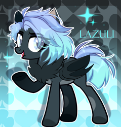 Size: 1240x1296 | Tagged: safe, artist:lazuli, artist:mint-light, imported from derpibooru, oc, oc only, bat pony, pony, bat pony oc, bat wings, chest fluff, colored hooves, commission, eye clipping through hair, eyelashes, open mouth, raised hoof, signature, smiling, solo, wings, ych result