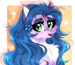 Size: 3770x3277 | Tagged: safe, artist:lazuli, artist:mint-light, imported from derpibooru, oc, oc only, earth pony, pony, bust, chest fluff, commission, earth pony oc, eyelashes, flower, flower in hair, simple background, smiling, solo, transparent background, ych result