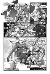 Size: 1301x1920 | Tagged: safe, artist:pencils, imported from derpibooru, catrina, limestone pie, oc, oc:anon, cat, earth pony, human, minotaur, pony, comic:anon's pie adventure, ass, butt, comic, dialogue, female, jojo reference, laughing, male, mare, monochrome, neo noir, nose piercing, nose ring, open mouth, partial color, piercing, roundabout, speech bubble, this will end in death, this will end in one punch, to be continued, to be continued (meme)