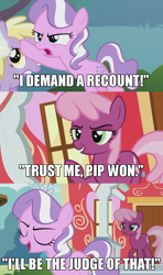 Size: 600x1014 | Tagged: safe, edit, edited screencap, imported from derpibooru, screencap, cheerilee, diamond tiara, dinky hooves, earth pony, pony, crusaders of the lost mark, caption, comic, image macro, politics, screencap comic, smug, text