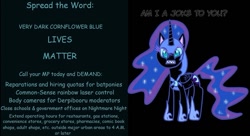 Size: 1046x569 | Tagged: safe, imported from ponybooru, nightmare moon, princess luna, alicorn, pony, my little pony: pony life, angry, black background, black lives matter, dialogue, female, mare, nightmare eyes, politics, simple background, solo, text