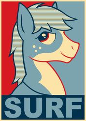 Size: 2400x3380 | Tagged: safe, artist:azdaracylius, oc, oc only, oc:dallas shores, earth pony, bust, earth pony oc, freckles, hope poster, male, portrait, poster, smiling, solo, stallion