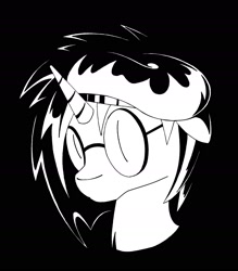 Size: 1868x2136 | Tagged: safe, artist:azdaracylius, oc, oc only, pony, unicorn, beret, black and white, bust, glasses, grayscale, hat, monochrome, portrait, solo