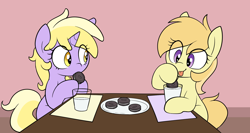 Size: 1942x1034 | Tagged: safe, artist:pestil, artist:shinodage, imported from ponybooru, dinky hooves, noi, earth pony, pony, unicorn, best friends, cookie, dexterous hooves, duo, female, filly, food, hoof hold, horn, milk, oreo, table, tongue out