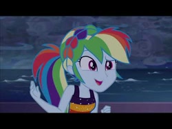 Size: 480x360 | Tagged: safe, imported from derpibooru, screencap, equestria girls, equestria girls series, spring breakdown, spoiler:eqg series (season 2), black bars, clothes, determination, determined, dress, female, geode of super speed, headband, magical geodes, multicolored hair, open mouth, ponytail, smiling