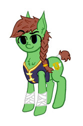 Size: 1564x2356 | Tagged: safe, artist:antique1899, imported from derpibooru, oc, oc only, oc:swift stride, earth pony, pony, derpibooru community collaboration, 2021 community collab, bandage, blue eyes, braid, braided ponytail, chest fluff, clothes, digital art, ear fluff, simple background, smiling, smirk, solo, standing, transparent background, vest