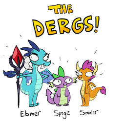 Size: 1936x1936 | Tagged: safe, artist:tjpones, imported from derpibooru, princess ember, smolder, spike, dragon, bloodstone scepter, dragon lord ember, dragoness, female, intentional spelling error, male, simple background, the derg, trio, white background