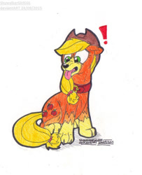 Size: 717x881 | Tagged: safe, artist:artistnjc, imported from derpibooru, applejack, dog, earth pony, claws, collar, dogified, exclamation point, paws, solo, species swap, surprised, tongue out, transformation