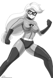 Size: 1000x1480 | Tagged: safe, artist:johnjoseco, imported from derpibooru, applejack, human, breasts, busty applejack, clothes, cosplay, costume, elastigirl, female, grin, helen parr, humanized, monochrome, mrs. incredible, open mouth, smiling, superhero costume, the incredibles